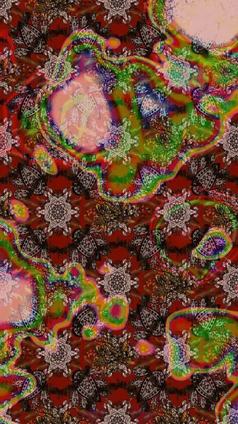 Kahverengi, kırmızı ve nötr küçük çiçekler ve kahverengi, kırmızı ve nötr renklerdeki komik böcekler, raster deseni, illüstrasyon.