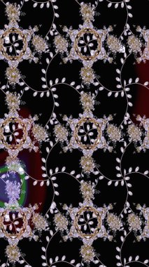 Tekstil tasarımı için siyah, nötr ve kahverengi renkli geleneksel halk çiçekleri buketi. Üzerinde gelincikler ve vadi zambakları olan renkli çiçek desenli nakış..