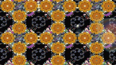 Asya tekstil tarzında. Raster illüstrasyonu. Çiçek desenli çizim. Raster illüstrasyonu. Siyah renkte çiçekler.