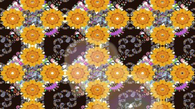 El çizimi çiçekli soyut çizim kalıbı. Raster illüstrasyonu. Sarı renkte çiçekler.