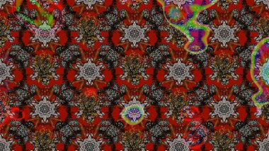1950-1960 motifleri. El çizimi çiçek unsurları olan soyut çizim raster deseni. Çiçekli ipek eşarp. Gri, kahverengi ve kırmızı, gri, kahverengi ve kırmızı üzerine. Retro tekstil tasarım koleksiyonu.