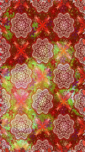 Raster illüstrasyonu. Çiçek ve yapraklı karalama şeklinde Raster çiçek deseni. Kibar, bahar çiçekleri kırmızı ve kahverengi renklerde.