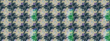 Renkli grunge, soyut arkaplanı kolomavi çiçeklerle süslüyor. Nakış desenli çiçek deseni. İzler, kumaş, duvar kağıtları, tekstil için raster dokusu.