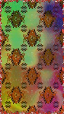 Raster illüstrasyonu. Şirin çiçekli kusursuz desen ve kahverengi ve yeşil renkli yapraklar, suluboya çiçek deseni, duvar kağıdı, kart veya kumaş için fayanslı.