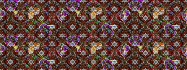 Çiçek duvar kağıdı. Hint süsü. Raster illüstrasyonu. Çizim kalıbı. Gri, kahverengi ve kırmızı renklerde. Renkli süs kenarı.