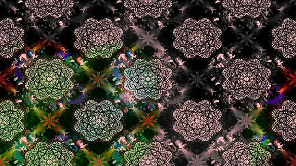 Raster Çiçek İllüstrasyonu güzel tekstil. Siyah renkli etnik çiçeklerle zarif eskiz deseni.