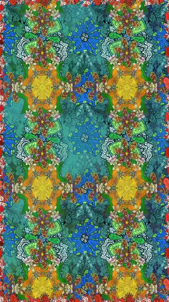 Düz Çiçek Elementleri Tasarımı. Renkli Bahar Temalı Kusursuz Arkaplan. Çiçeksiz desenli arka plan, yaz çiçekleri. Mavi ve yeşil renkte çiçekler.