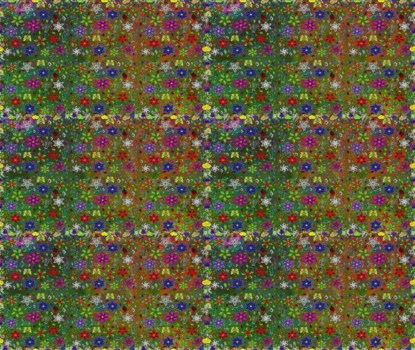 Yeşil ve kahverengi renkli çiçekler. Düz Çiçek Elementleri Tasarımı. Raster illüstrasyonunda kusursuz çiçek deseni. Renkli Yaz Temalı Kusursuz Arkaplan.