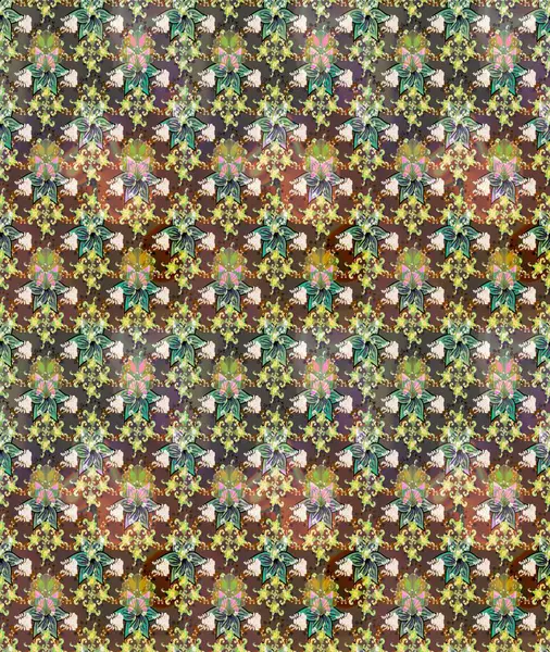 Raster illüstrasyonu. Şirin çiçekli eskiz deseni ve kahverengi renkli yapraklar, suluboya çiçek deseni, duvar kağıdı, kart veya kumaş için fayanslı.