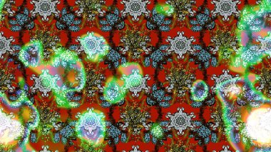 El çizimi çiçekli soyut çizim kalıbı. Raster illüstrasyonu. Yeşil, kahverengi ve kırmızı renkte çiçekler.