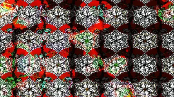 Raster Floral Illustration, Asyalı tekstil. Siyah renkli etnik çiçeklerle zarif eskiz deseni.