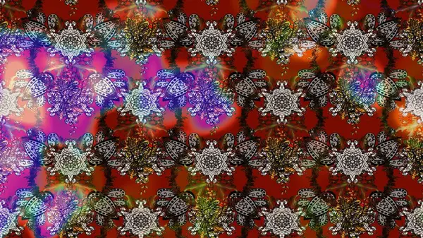 Renkli Bahar Teması eskiz kalıbı. Raster illüstrasyonu. Güzel kumaş deseni. Düz Çiçek Elementleri Tasarımı. Çiçek desenli çizim. Asya tekstil tarzında.