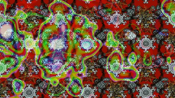 Raster Çiçek İllüstrasyonu 'nun şirin tekstili. Kırmızı, kahverengi ve yeşil renkli etnik çiçeklerle zarif bir eskiz deseni..