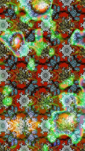 Çok yeşil, kahverengi ve nötr küçük çiçekler ve yeşil, kahverengi ve nötr renklerdeki komik böcekler, raster deseni, illüstrasyon.