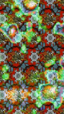 Çok yeşil, kahverengi ve nötr küçük çiçekler ve yeşil, kahverengi ve nötr renklerdeki komik böcekler, raster deseni, illüstrasyon.