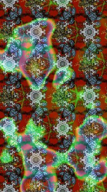 Suluboya elle çizilmiş çiçek desenli eskiz deseni. Parlak renkli fantezi çiçekleri, yapraklar, yeşil renkli tomurcuklar.