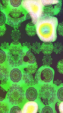 Çok yeşil ve gri zarif küçük çiçekler ve yeşil ve gri renkli komik böcekler, raster desen, illüstrasyon.