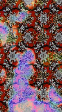 Raster illüstrasyonu. Gri, kahverengi ve kırmızı renkte çiçekler. El çizimi çiçekli soyut çizim deseni.