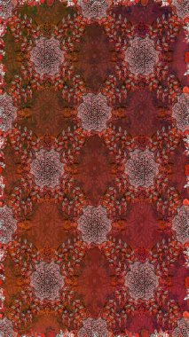 Asya tekstil tarzında. Raster illüstrasyonu. Kusursuz çiçek deseni. Kahverengi ve kırmızı renkte çiçekler. Raster illüstrasyonu.