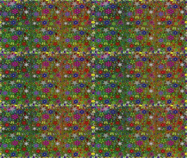 Yeşil ve kahverengi renkli çiçekler. Düz Çiçek Elementleri Tasarımı. Raster illüstrasyonunda kusursuz çiçek deseni. Renkli Yaz Temalı Kusursuz Arkaplan.