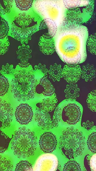 Çok yeşil ve gri zarif küçük çiçekler ve yeşil ve gri renkli komik böcekler, raster desen, illüstrasyon.