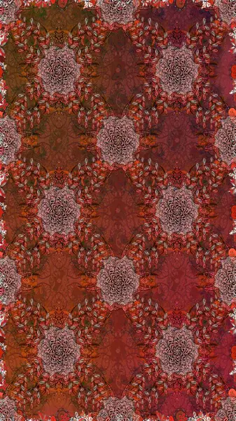 Asya tekstil tarzında. Raster illüstrasyonu. Kusursuz çiçek deseni. Kahverengi ve kırmızı renkte çiçekler. Raster illüstrasyonu.