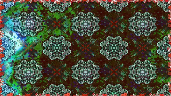 Çiçeksiz desenli nakış işlemeli gelincikler ve vadideki zambaklar. Tekstil tasarımı için geleneksel Raster çiçek buketi kahverengi ve yeşil renkler.