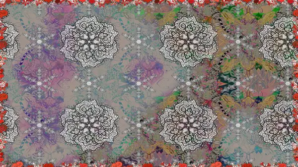 Çiçeklerle suluboya desenli çiçek deseni. Gri ve nötr renklerde Asya tekstil tarzında. Raster illüstrasyonu.