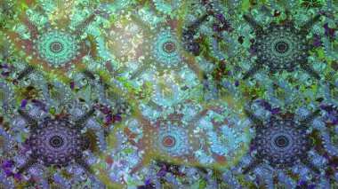 Yeşil ve mavi kıvırcık çiçekler yeşil ve mavi renklerde şekillenir. Raster illüstrasyonu. Klasik çiçek tasarım elementleri.