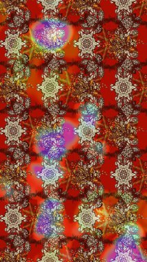 Kahverengi, kırmızı ve bej renkli bitkilerden oluşan parlak çiçekli çizim deseni.