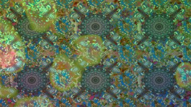 Raster illüstrasyonu. Renkli, pürüzsüz desen. Çiçek duvar kâğıdı. Yeşil ve mavi renkli şirin tekstil tarzında. Çiçek arka planı.