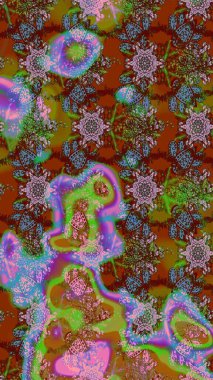 Raster illüstrasyonundaki çiçek desenli çizim. Çiçekler kahverengi, yeşil ve pembe renklerde.