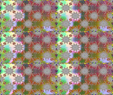 İşlemeli çiçekli, dikişsiz desen. Renkli grunge, soyut arkaplanı kologri ve kahverengi çiçeklerle süslüyor. İzler, kumaş, duvar kağıtları, tekstil için raster dokusu.