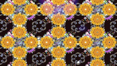Modern çiçek arkaplanı. Parlak renkli çiçekleri ve sarı ve gri renkte yaprakları olan şaşırtıcı, pürüzsüz çiçek deseni. Halk tarzı. Moda baskıları için zarif bir şablon.