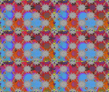 Asya tekstil tarzında. Raster illüstrasyonu. Gri ve mavi renkte çiçekler. Raster illüstrasyonu. Kusursuz çiçek deseni.