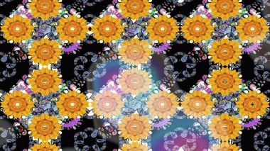 Renkli Bahar Teması eskiz kalıbı. Düz Çiçek Elementleri Tasarımı. Sarı renkli çiçekler. Güzel çiçek deseni..