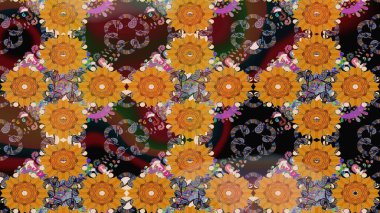 Parmak izi, kumaş, duvar kâğıdı, tekstil için raster dokusu. Renkli grunge, soyut arkaplanı koloturuncu çiçeklerle süslüyor. Nakış desenli çiçek deseni..