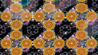 Düz Çiçek Elementleri Tasarımı. Raster illüstrasyonundaki çiçek desenli çizim. Renkli Bahar Teması eskiz kalıbı. Siyah renkte çiçekler.