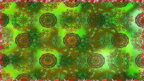 Raster illüstrasyonunda kusursuz çiçek deseni. Yeşil ve kahverengi renkte çiçekler.