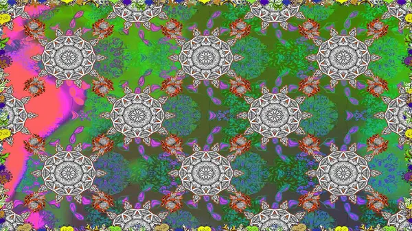 Yeşil ve gri renkli çiçekler. Raster illüstrasyonu. Çiçeksiz desenli arka plan, vuruşlar, sıçramalar, yaz çiçekleri..