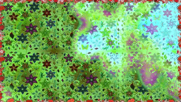 Parlak renkli fantezi çiçekleri, yapraklar yeşil ve mavi renkli tomurcuklar yeşil ve mavi. Çiçeksiz desenli, suluboya elle çizilmiş elementler..