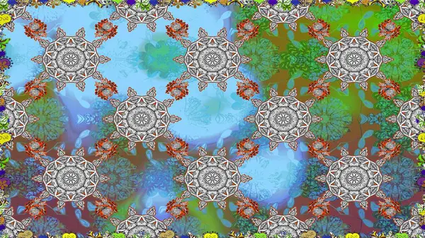 Düz Çiçek Elementleri Tasarımı. Karalama çiçeği. Renkli Bahar Temalı Kusursuz Arkaplan. Raster illüstrasyonu. Zentangle soyut çiçekleri. Şirin kumaş deseni.