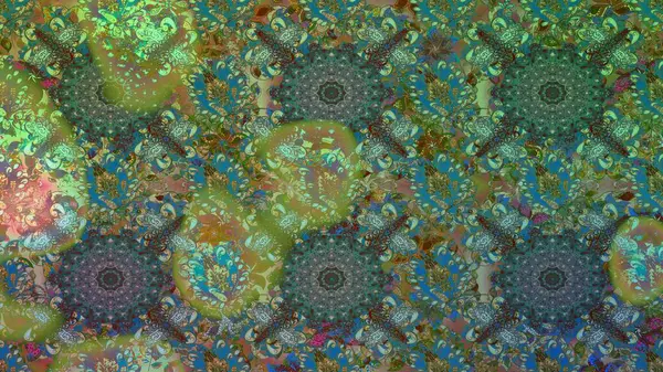 Raster illüstrasyonu. Renkli, pürüzsüz desen. Çiçek duvar kâğıdı. Yeşil ve mavi renkli şirin tekstil tarzında. Çiçek arka planı.