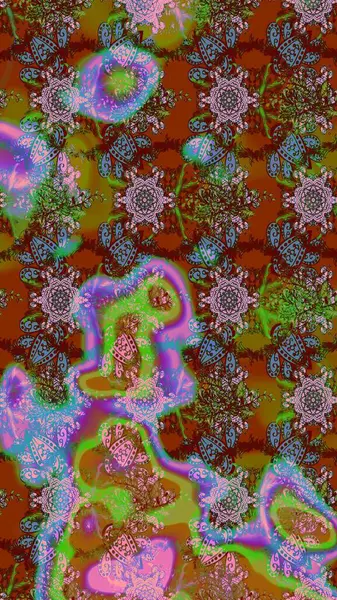 Raster illüstrasyonundaki çiçek desenli çizim. Çiçekler kahverengi, yeşil ve pembe renklerde.