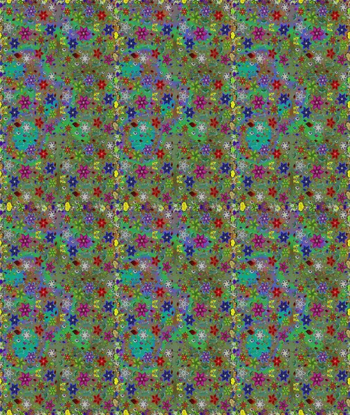 Raster illüstrasyonu. Yeşil ve kahverengi renkli güzel tekstil. Çiçeklerle suluboya desenleri.