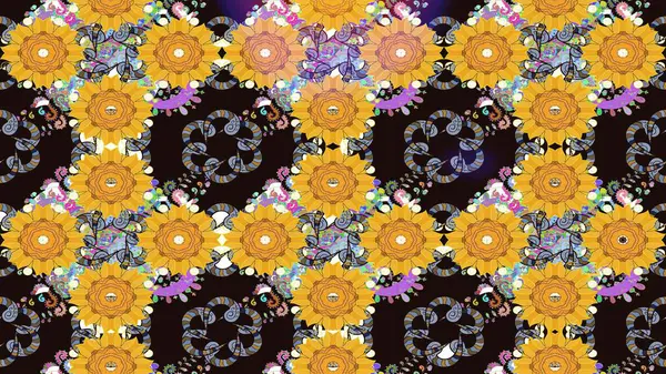Modern çiçek arkaplanı. Parlak renkli çiçekleri ve sarı ve gri renkte yaprakları olan şaşırtıcı, pürüzsüz çiçek deseni. Halk tarzı. Moda baskıları için zarif bir şablon.