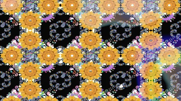 Retro tekstil tasarım koleksiyonu. Sarı üstüne sarı. 1950-1960 motifleri. Çiçekli ipek eşarp. El çizimi çiçek elementleri ile soyut çizim raster deseni.