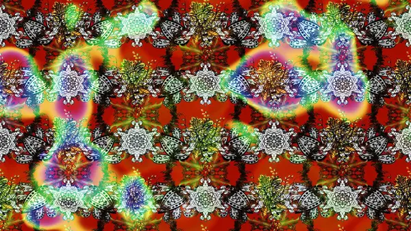 Parlak renkli çiçekleri ve gri, kahverengi ve kırmızı renkte yaprakları olan harika bir çiçek deseni. Halk tarzı. Modern çiçek arkaplanı. Moda baskıları için zarif bir şablon.