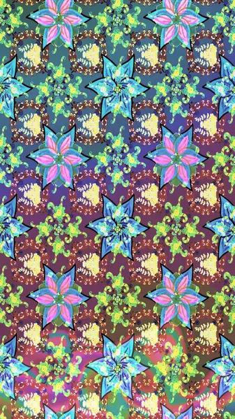 Süslü kumaş deseni. Raster deseni. Çiçekli çiçek deseni, suluboya..