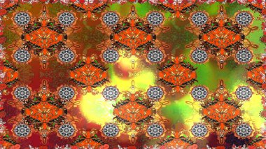 Raster illüstrasyonu. Kahverengi ve turuncu renklerde. Çiçek buketleriyle klasik tarzda kusursuz desen.